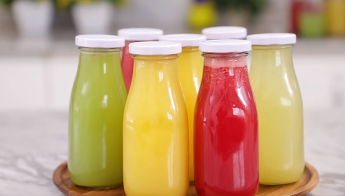 juice in glass bottles